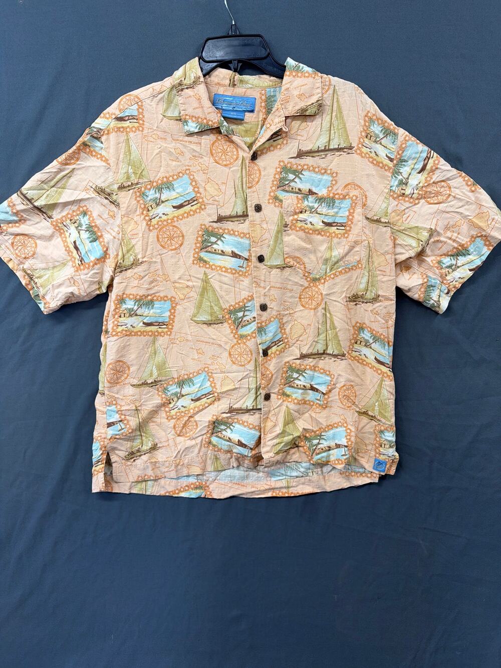 Bermuda Bay Men's M Hawaiian Shirt Sailboat Tropical Island Silk Blend